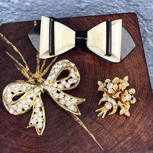 Vintage Brooch Set of 3 Bow and Floral Pins Retro Costume Jewelry